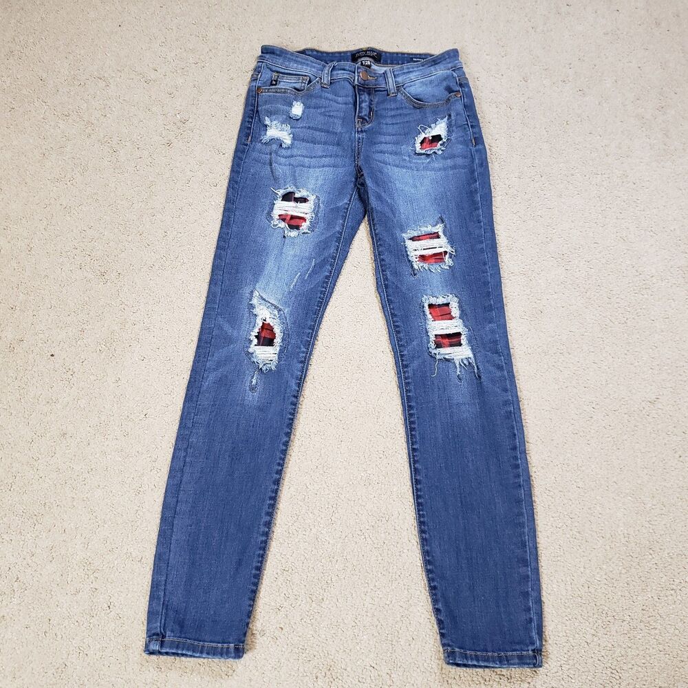 Judy Blue Womens Jeans 7/28 Blue Skinny Plaid Patch Mid Rise Whiskered Capsule